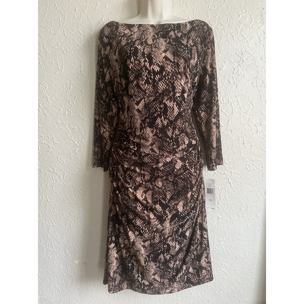 NWT Lauren Ralph Lauren Brown Snakeskin Print Ruched Sheath Dress Plus Size 16